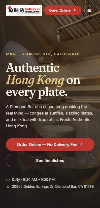 Delicious Food Corner website on mobile, in build